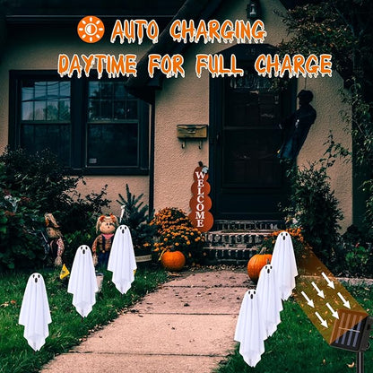 Threan 12 Packs Halloween Decoration Solar Ghost Pathway Decoration Outdoor White Cloth Ghost Stakes, Spooky Cloth Ghosts Solar Decor, Changing LEDs Pathway for Halloween Party Yard Lawn Patio Porch