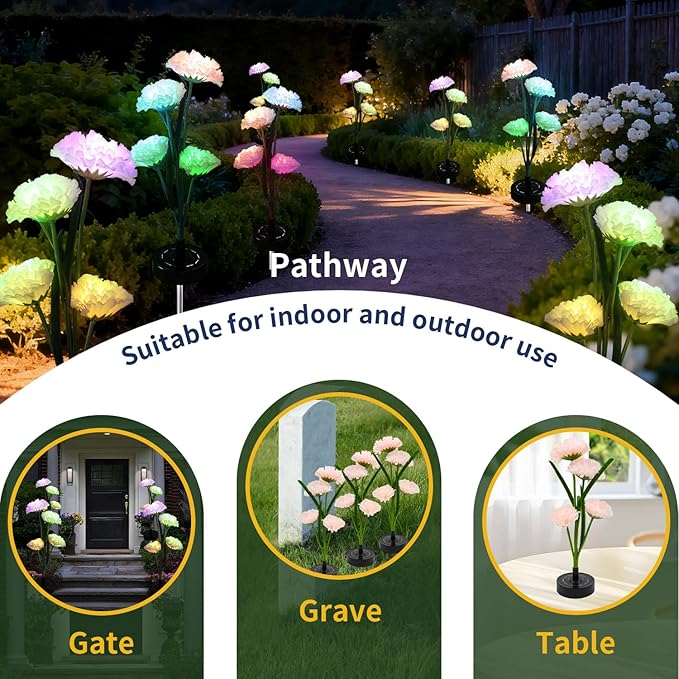 Solar Carnation Flower Garden Lights Outdoor Decorative, 7 Color Changing Solar Flower Lights Waterproof, 40H Solar | Lumora