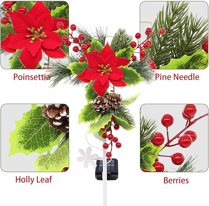 Solar Christmas Decorations Outdoor, 4 Pack 32 Inch Solar Christmas Cross Stake Lights, Waterproof Grave Decorations with Poinsettia Flower Pinecones Red Berries for Garden Yard Patio Lawn Cemetery
