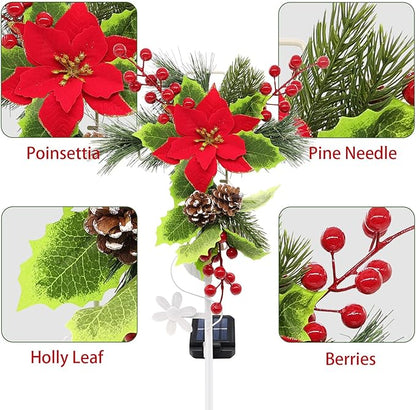 Solar Christmas Decorations Outdoor, 4 Pack 32 Inch Solar Christmas Cross Stake Lights, Waterproof Grave Decorations with Poinsettia Flower Pinecones Red Berries for Garden Yard Patio Lawn Cemetery