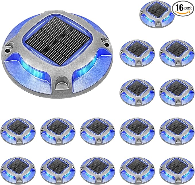 VOLISUN Solar Driveway Lights Dock Deck Lights 16 Pack,2 Colors in 1 Led IP67 Waterproof Outdoor Warning Step Lights for Driveway Sidewalk Pathway (White/Blue)