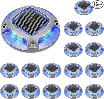 VOLISUN Solar Driveway Lights Dock Deck Lights 16 Pack,2 Colors in 1 Led IP67 Waterproof Outdoor Warning Step Lights for Driveway Sidewalk Pathway (White/Blue)