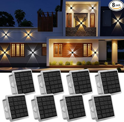 Solar Fence Lights Outdoor, New 4-Way Lighting Fence Lights Solar Powered with 3 Modes 3000K/4000K/6000K, IP65 Waterproof Solar Wall Light for Backyard Wall Pathway Deck Patio Decor - 8 Pack