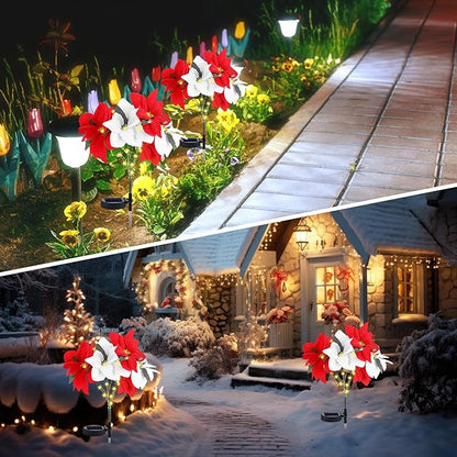 VIHOSE 4 Pcs Christmas Solar Poinsettia Lights Outdoor Artificial Flowers Landscape Waterproof Solar Poinsettia Lights for Yard Lawn Patio Garden Pathway Xmas Party Supplies (7 Flowers,Red,White)