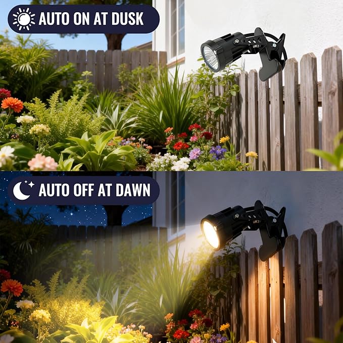 TAYSING Dusk to Dawn Outdoor Landscape Spot Lights with Clip, 9W 800LM Plug in Spotlight, 3000K Warm White, IP66 Waterproof with 5FT Cord for Garden Tree Flag Pathway Patio, 2 Pack
