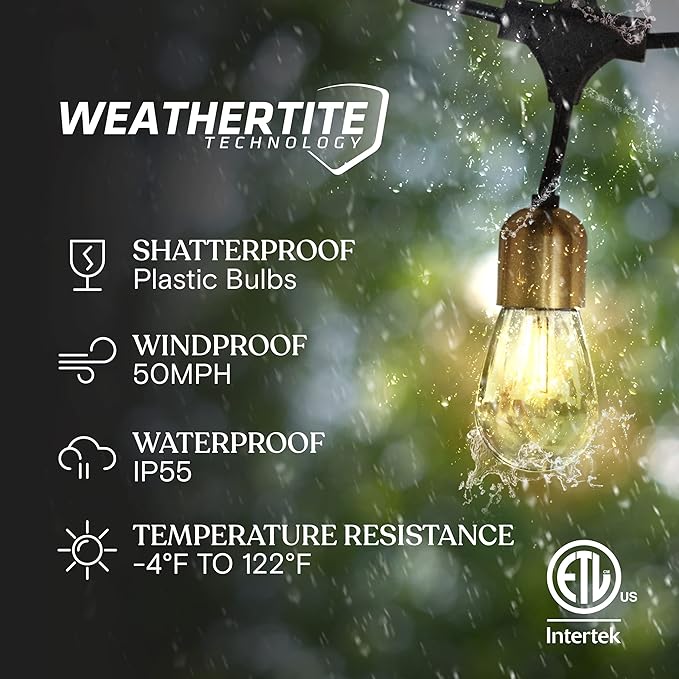 Brightech Glow Solar LED String Lights - Commercial Grade Waterproof Patio Lights with Beautiful Brass Accents - Shatterproof LED Solar Outdoor String Lights - 1W, Soft White Light - 27 Ft