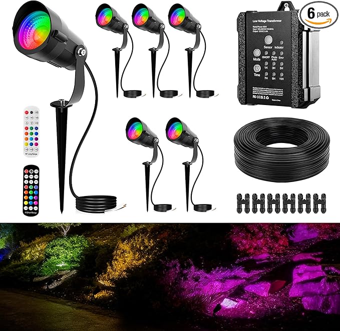 Outdoor All-in-One RGBWW Low Voltage Landscape Lighting Kit, 6-Pack 12W Color Changing LED Spotlight Light with Transformer and 16/2 Wire,12-24V AC/DC Waterproof for Yard Garden Festival Decor