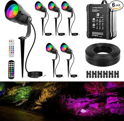Outdoor All-in-One RGBWW Low Voltage Landscape Lighting Kit, 6-Pack 12W Color Changing LED Spotlight Light with Transformer and 16/2 Wire,12-24V AC/DC Waterproof for Yard Garden Festival Decor