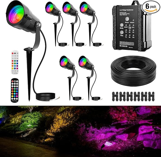 Outdoor All-in-One RGBWW Low Voltage Landscape Lighting Kit, 6-Pack 12W Color Changing LED Spotlight Light with Transformer and 16/2 Wire,12-24V AC/DC Waterproof for Yard Garden Festival Decor