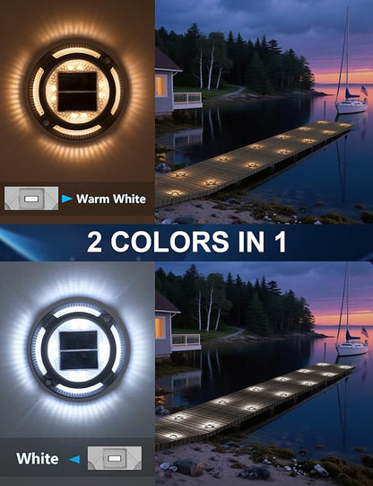 VOLISUN Solar Driveway & Deck Lights 12 Pack Waterproof Dock & Marine Ground Lights,2-in-1 Warm White & White LED,Solar Marker for Pathways,Steps,and Warning Signs,Auto On/Off