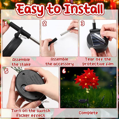 VIHOSE 4 Pcs Christmas Solar Flowers Lights Artificial Poinsettia Landscape Waterproof Solar Poinsettia Lights for Outdoor House Yard Lawn Patio Garden Pathway Christmas Party Supplies (7 Flowers)
