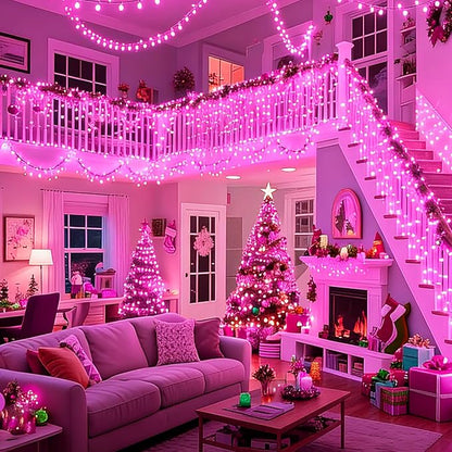 LAMPHOME Pink Valentine's Light, 600LED (24pk of 50L) Mini Christmas String Lights,Pink Lights for Outdoor Valentine's Day Garland Wedding Party Xmas Tree Decoration,Commercial Grade