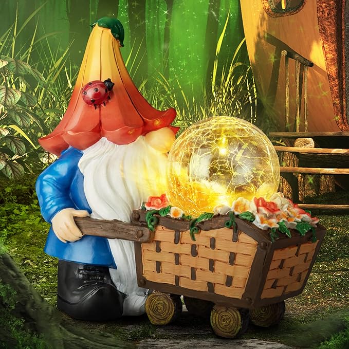 Garden Gnomes Outdoor Decorations Solar Gnome Statues, Funny Gnome Decor Holding Magic Orb with LED Lights, Gnomes Decoration Clearance for Patio Lawn Gifts