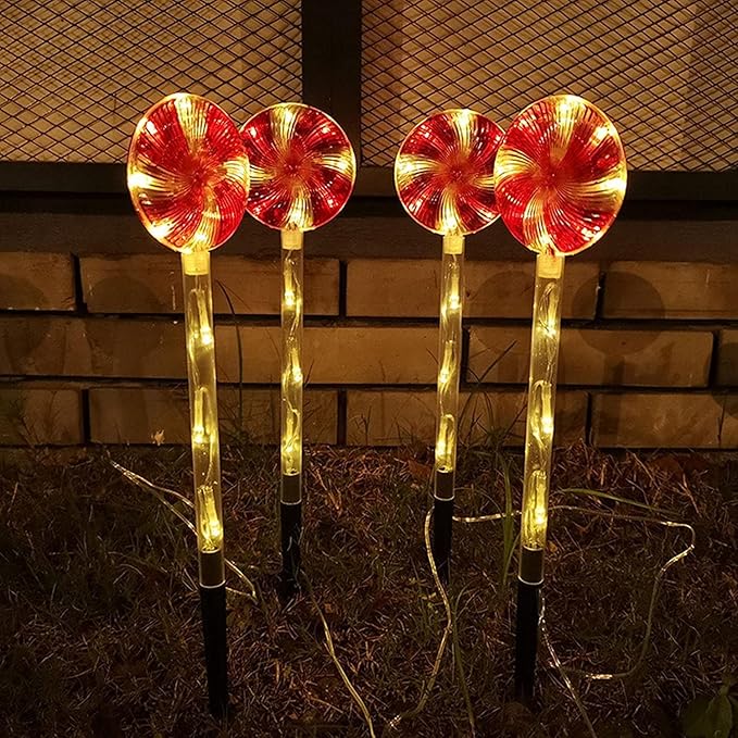 Solar Garden Lights Candy Cane Lights, 4 Cute Christmas Lollipop Pathway Lights with Stakes, Waterproof Outdoor Solar Pathway Lights for Christmas Decoration, Yard, Yard, Lawn (Color : Red)
