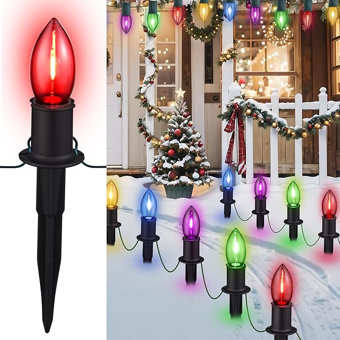 C9 Christmas Pathway Lights Outdoor - 24.2 Feet 20 LED String Lights with Stakes, Waterproof Connectable Christmas Path Lights for Yard, Garden, Walkway, Driveway, Sidewalk Decoration, Multicolored