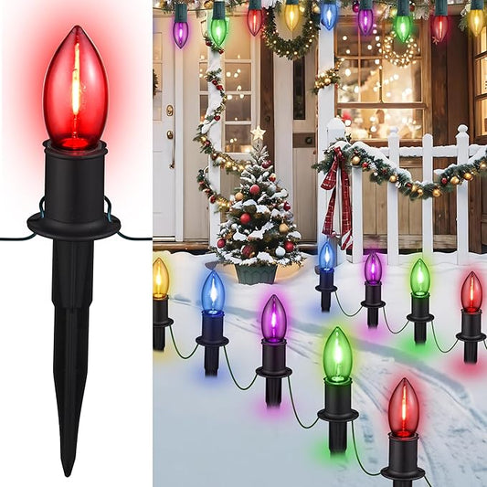 C9 Christmas Pathway Lights Outdoor - 24.2 Feet 20 LED String Lights with Stakes, Waterproof Connectable Christmas Path Lights for Yard, Garden, Walkway, Driveway, Sidewalk Decoration, Multicolored