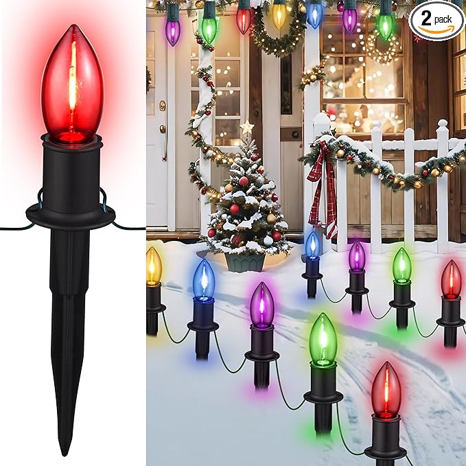 C9 Christmas Pathway Lights Outdoor, 24.2 Feet 20 LED String Lights With Stakes, Waterproof Connectable Decorations for Yard, Garden, Walkway, Driveway, Sidewalk, Multicolored, 2 Pack