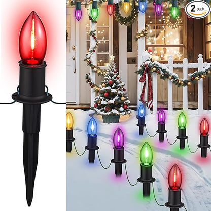 C9 Christmas Pathway Lights Outdoor, 24.2 Feet 20 LED String Lights With Stakes, Waterproof Connectable Decorations for Yard, Garden, Walkway, Driveway, Sidewalk, Multicolored, 2 Pack