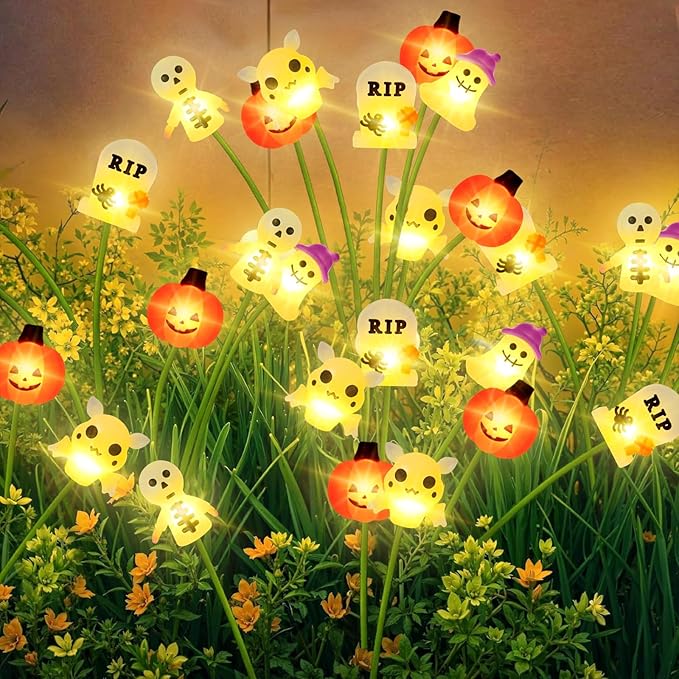 Halloween Solar Garden Lights Outdoor, 4 Pack 24 LED Firefly Swaying Lights with Pumpkin Ghost Skeleton Tombstone Decor, 6 Heads Waterproof Pathway Yard Lawn Graveyard Decorations(4 Pack-HW LEDs)