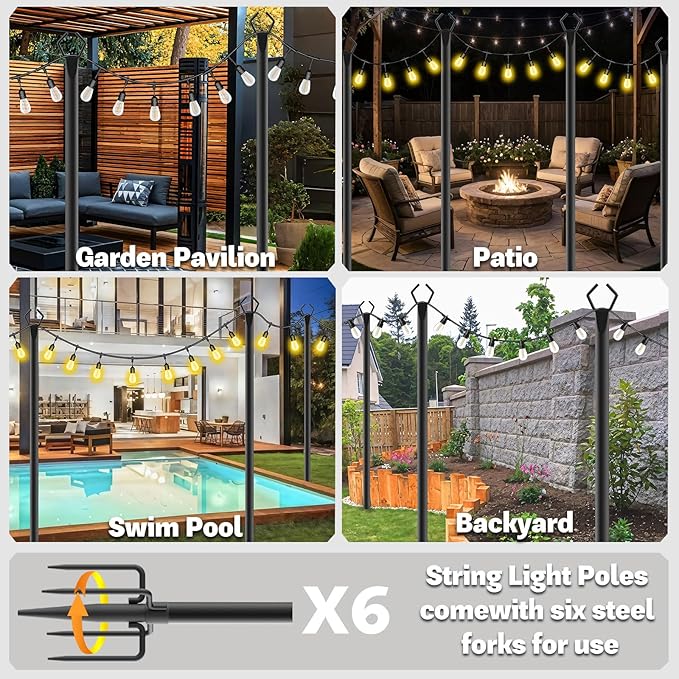 6 Pack 10 ft Heavy Duty Metal String Light Poles Adjustable Outdoor Lighting Stand for Patio,Backyard,Garden,Party | Lumora