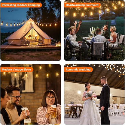 Kawaya Solar Powered String Lights for Outside: 100 FT LED Outdoor Patio Lights with USB-Charging - IP65 Waterproof Hanging Light - 50+2 Shatterproof Edison Bulbs for Bistro Cafe Camp Yard Balcony