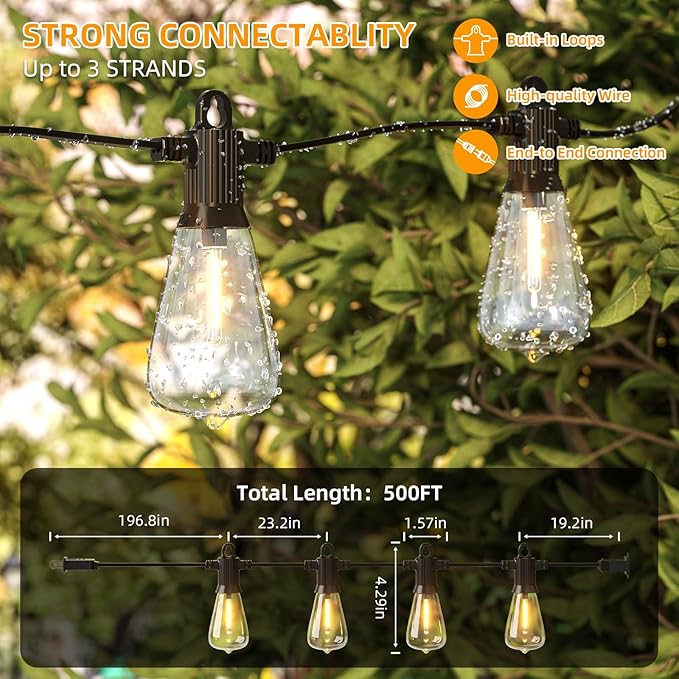 FOOMAN LED Outdoor String Lights, 500FT Outside Waterproof Hanging Patio Lights with 250+10 Shatterproof ST38 | Lumora
