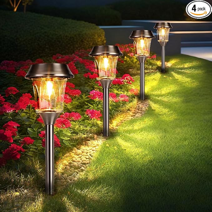 Solar Pathway Lights Outdoor Waterproof, 4 Pack Glass & Stainless Steel Landscape Lighting, Dual Brightness 12/25 Lumens Warm White, Auto On/Off IP65 Solar Powered LED Lights for Yard, Porch, Garden