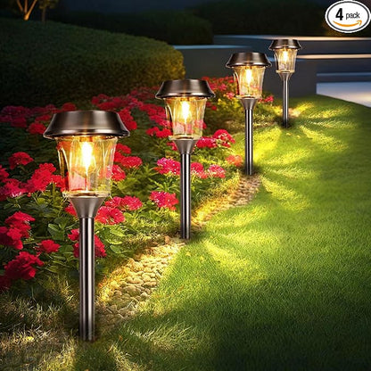 Solar Pathway Lights Outdoor Waterproof, 4 Pack Glass & Stainless Steel Landscape Lighting, Dual Brightness 12/25 Lumens Warm White, Auto On/Off IP65 Solar Powered LED Lights for Yard, Porch, Garden