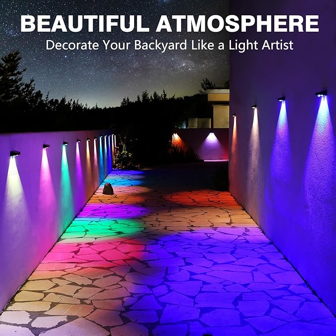 Solar Fence Lights 9-Color&11 Modes Solar Wall Lights Outdoor Waterproof RGB Solar Light Outdoor for Backyard,Step Railing,Pathway,Patio,Garden,Fence,Wall 8Pack
