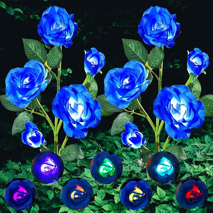 ANGMLN 2 Pack Solar Garden Lights, Solar Flower Lights Outdoor Waterproof with 10 Head Blue Rose 7-Color Changing Landscape Light for Garden Yard Pathway Patio Grave Cemetery Decoration
