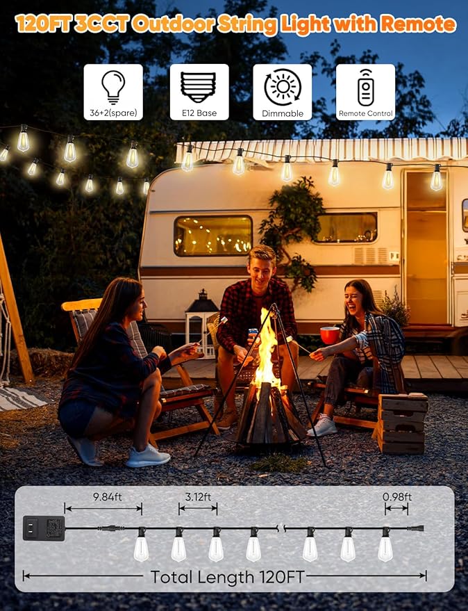 Brightever 3 Color in 1 LED Outdoor String Lights with Remote, 120FT Patio Lights Outdoor Waterproof with 38 | Lumora