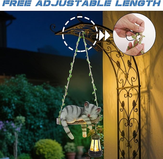 Solar Lighted Garden Outdoor Statue, 22.6" H Hanging Swing Lying with A Sleeping Cat and A LED Lantern, Resin | Lumora