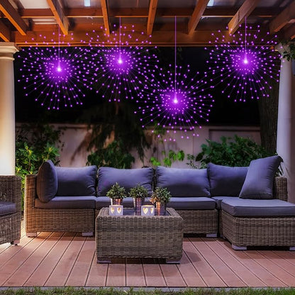 2 Pack Starburst Sphere Lights,200 LLED Firework Lights, 8 Modes Dimmable Remote Control Waterproof Hanging Fairy Light, Copper Wire Light for Patio Parties Christmas (Purple)