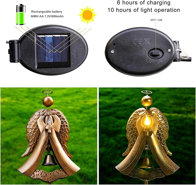 Homight Solar Garden Stake Light - Metal Angel Solar Warm Stake Light Memorial Gift - Outdoor Bronze Angel Bell Candle Prayer Metal Lamp - Waterproof Garden Lawn Patio Gift