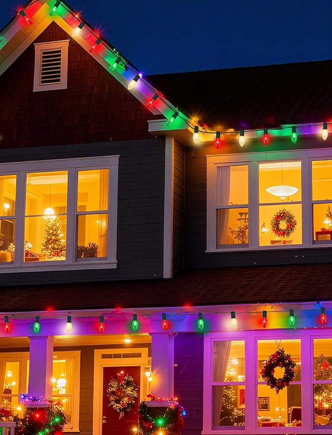 25Ft Christmas Lights Outdoor, C9 Multicolor Christmas Lights with 26 Red Green & White Incandescent Bulbs, Vintage String Lights for Holiday, Xmas, Roofline, Wedding- Green Wire