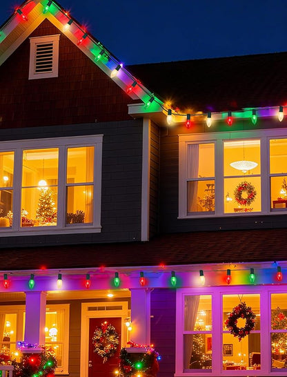 25Ft Christmas Lights Outdoor, C9 Multicolor Christmas Lights with 26 Red Green & White Incandescent Bulbs, Vintage String Lights for Holiday, Xmas, Roofline, Wedding- Green Wire