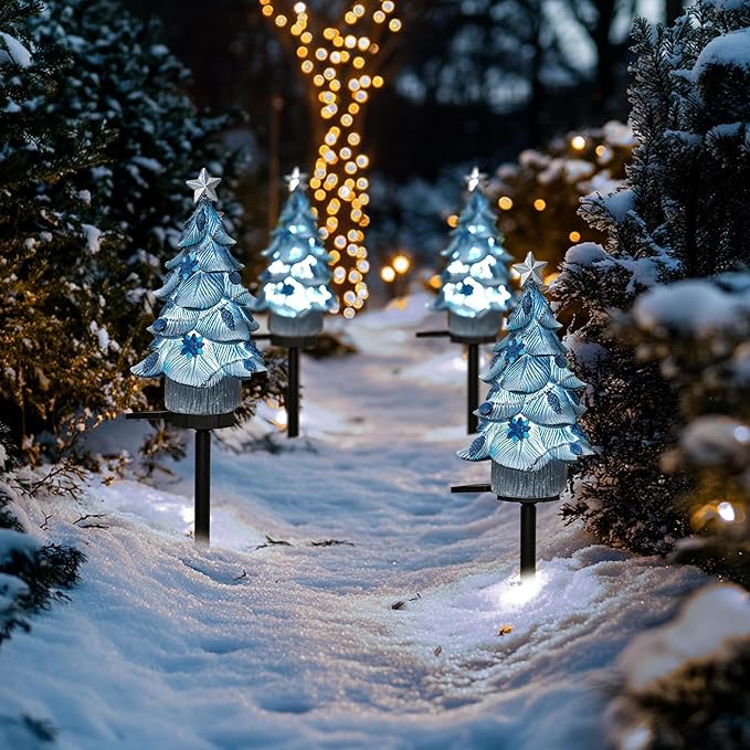 Dazzle Bright 2 Pack Solar Powered Fairy Garden Blue Christmas Tree Pathway Lights, Resin Walkway Lights Decorative Stakes Christmas Tree Figure Statue Decorations for Lawn Pathway Xmas Yard Gifts