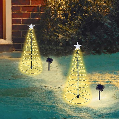 Dynaming 2 Pack 26" Solar Spiral Trees with Warm White Lights, Light Up Xmas Metal Pathway Markers, Gift for Mom, Auto On/Off & Waterproof Lights for Outdoor Winter Patio Yard Walkway Driveway