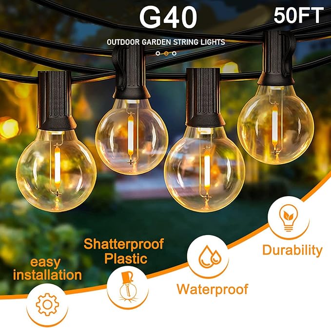 Outdoor LED String Lights with 50 Feet G40 Globe 26 Plastic Bulbs(1 Spare), Waterproof Hanging Light for Patio Backyard Porch Balcony Party Christmas Decoration