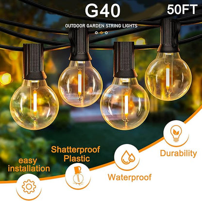 Outdoor LED String Lights with 50 Feet G40 Globe 26 Plastic Bulbs(1 Spare), Waterproof Hanging Light for Patio Backyard Porch Balcony Party Christmas Decoration