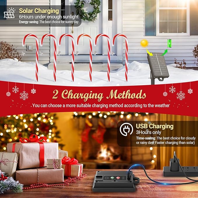 12 Pack Christmas Decorations Outdoor Solar Candy Cane Lights, Solar Christmas Pathway Lights with USB Charge, 10 | Lumora