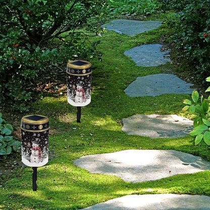 Snowman Snowflake 2 Pcs Garden Solar Lights Outdoor Waterproof Landscape Path Lights LED Read Light Solar Powered Outside Merry Christmas Solar Lights for Pathway Yard