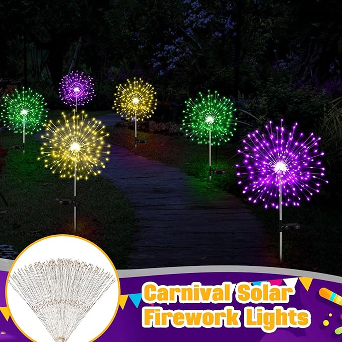 3 Pcs Mardi Gras Solar Firework Lights Solar Lights Outdoor Garden 120 LED 8 Modes Waterproof LED Sparkler Outdoor for Carnival Patio Yard Pathway Walkway (Purple,Yellow,Green)