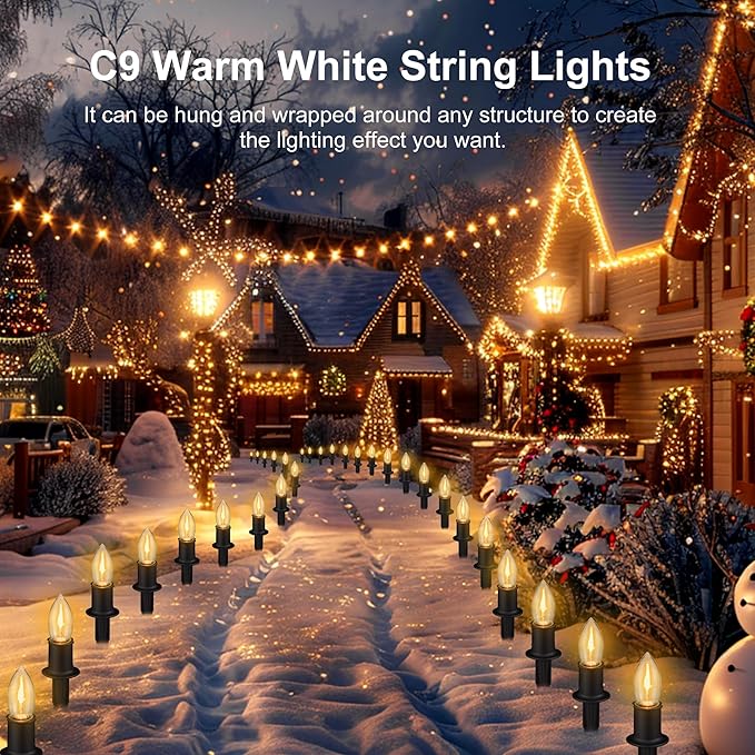 Christmas Pathway LED Lights Outdoor, 20 Lights C9 Walkway Lights with Stakes, 24.2ft Clear Driveway Christmas Lights for Pathway, Warm White, Extendable for Outdoor Decorations