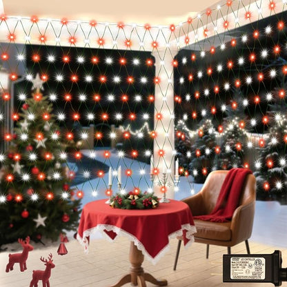 Lovelite Red White Net Lights Christmas Decorations, 21ft x 5ft 360LED Mesh Lights Outdoor Green Wire 8 Modes Timer, Waterproof Connectable String Lights for Bushes Xmas Tree Garden Holiday Party