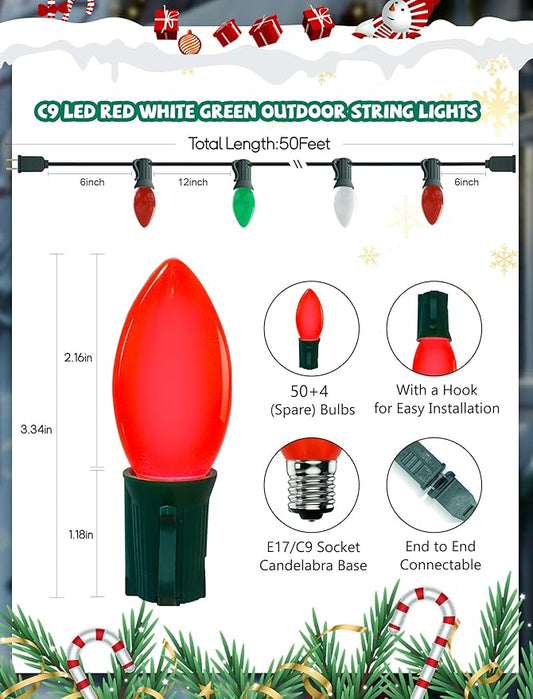 Abeja C9 LED String Light Outdoor, 50Ft Vintage Christmas Lights with 54 Red White and Green Bulbs(4 Spare), Commercial Outdoor Christmas Lights for Holiday Wedding Party