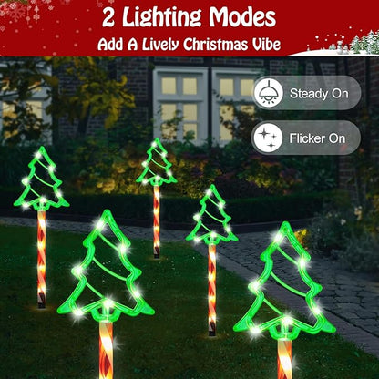 Lewondr Solar Christmas Pathway Lights, 5 PCS Solar Christmas Decorations Outdoor with 2 Lighting Modes, Green Xmas Tree Lights with Red Pole and Garden Stake, Waterproof Yard Lawn Patio Holiday Decor