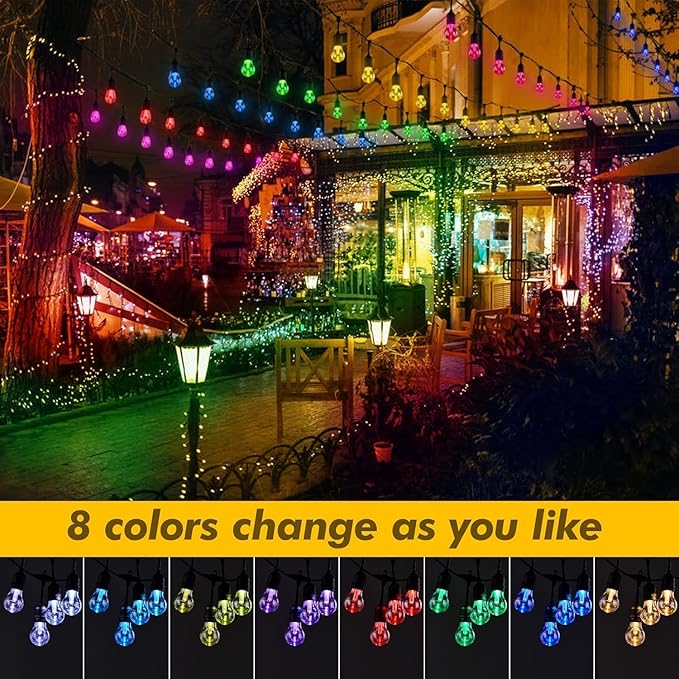 144FT Solar Outdoor String Lights, 45 Shatterproof E26 Edison LED Bulbs, IP65 Waterproof Dimmable RGB Color | Lumora