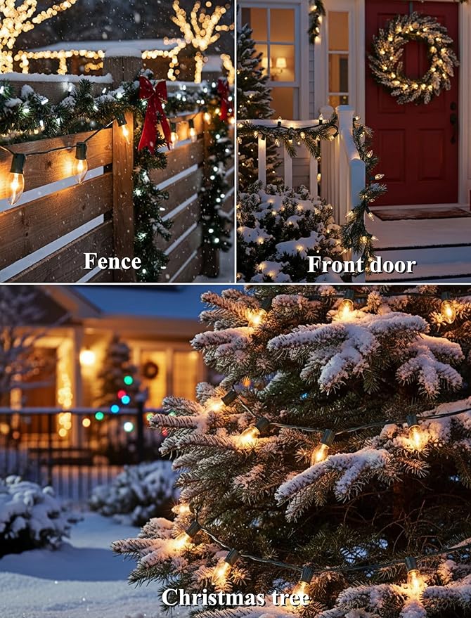 C9 Clear Christmas String Lights 25Ft C9 Outdoor Lights String with 26 Clear Bulbs, Hanging Christmas Roofline Light Patio Lights for Outdoor Decor 7 Watt C9/E17 Intermediate Base-Green Wire
