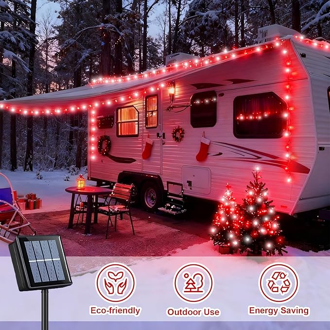 QITONG 2 Pack Red and White Solar String Lights, Each 66ft 200 LED Solar Christmas Lights Outdoor Waterproof, 8 | Lumora
